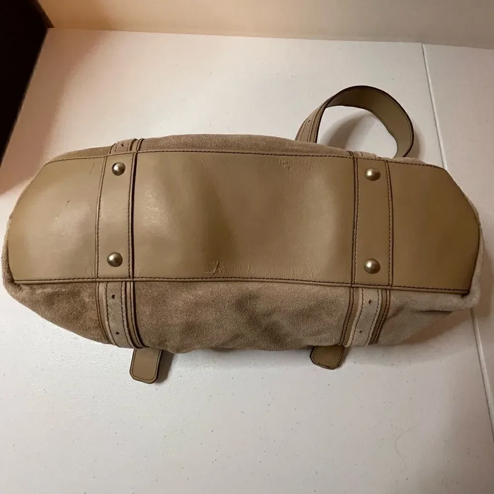 Longaberger Fold Over Hobo Handbag Purse Suede Leather Taupe Sisters